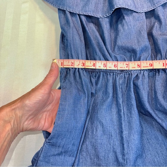 CI SONO Los Angeles Denim Romper Sz Small Off the Shoulder Ruffle Pockets EUC - Picture 9 of 12